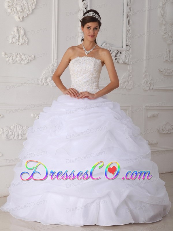 White Ball Gown Strapless Long Organza Lace Quinceanera Dress
