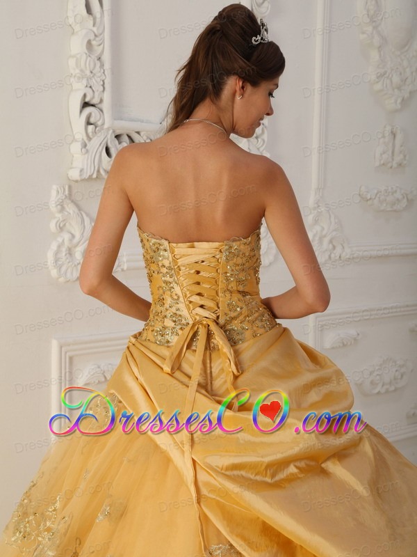 Gold A-line / Princess Long Taffeta And Tulle Beading Quinceanera Dress