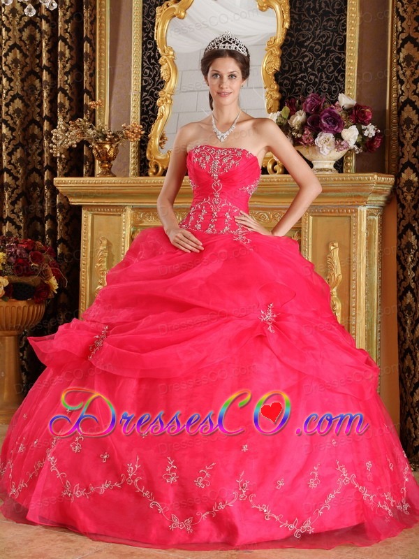 Coral Red Ball Gown Strapless Long Organza Appliques Quinceanera Dress