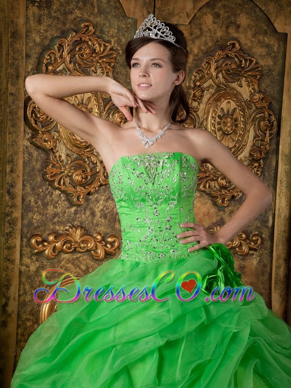 Spring Green Ball Gown Strapless Long Organza Beading Quinceanera Dress