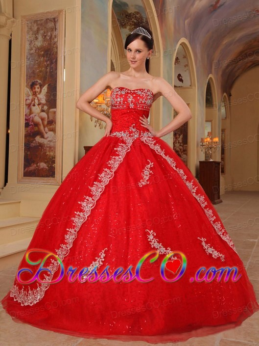 Red Ball Gown Long Organza Embroidery And Beading Quinceanera Dress