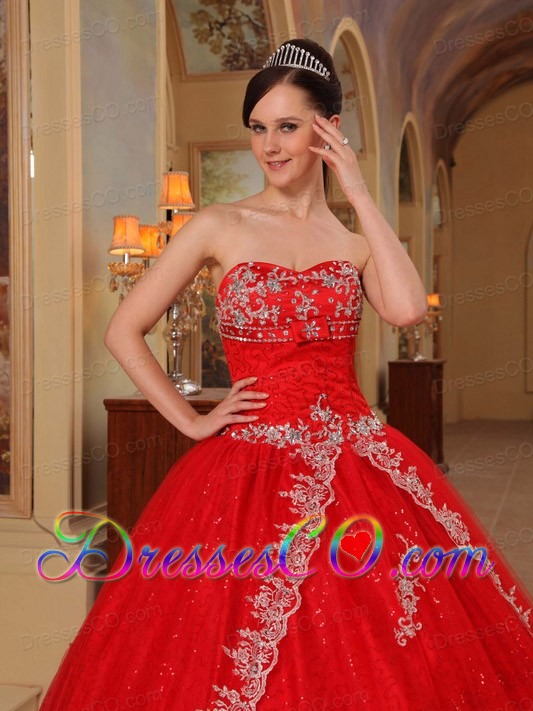 Red Ball Gown Long Organza Embroidery And Beading Quinceanera Dress