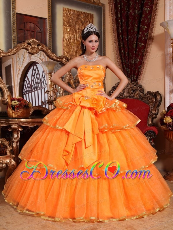 Orange Ball Gown Strapless Long Organza Ruffles Quinceanera Dress