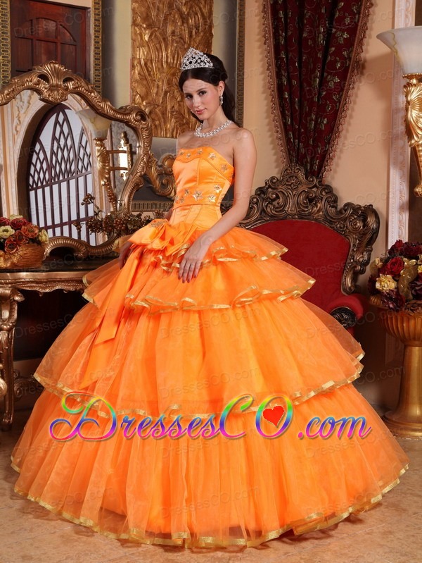Orange Ball Gown Strapless Long Organza Ruffles Quinceanera Dress