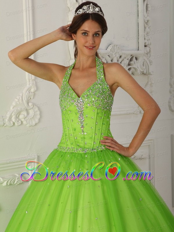 Spring Green A-line Halter Long Tulle Beading Quinceanera Dress