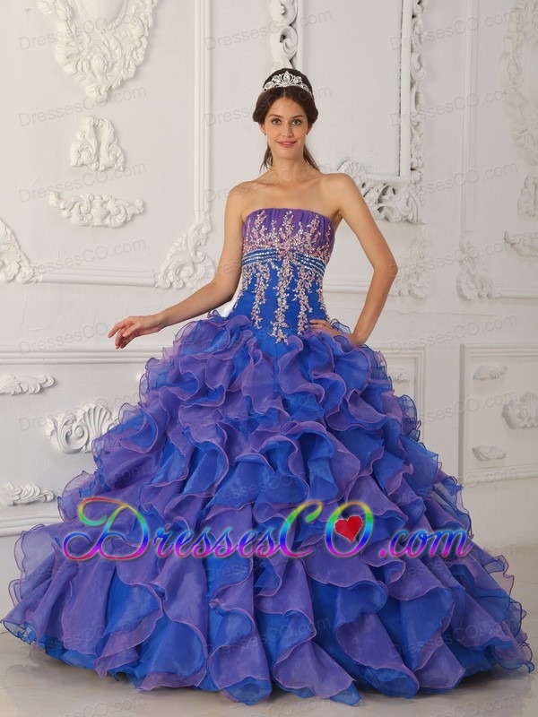Blue Ball Gown Strapless Long Organza Beading And Appliques Quinceanera Dress