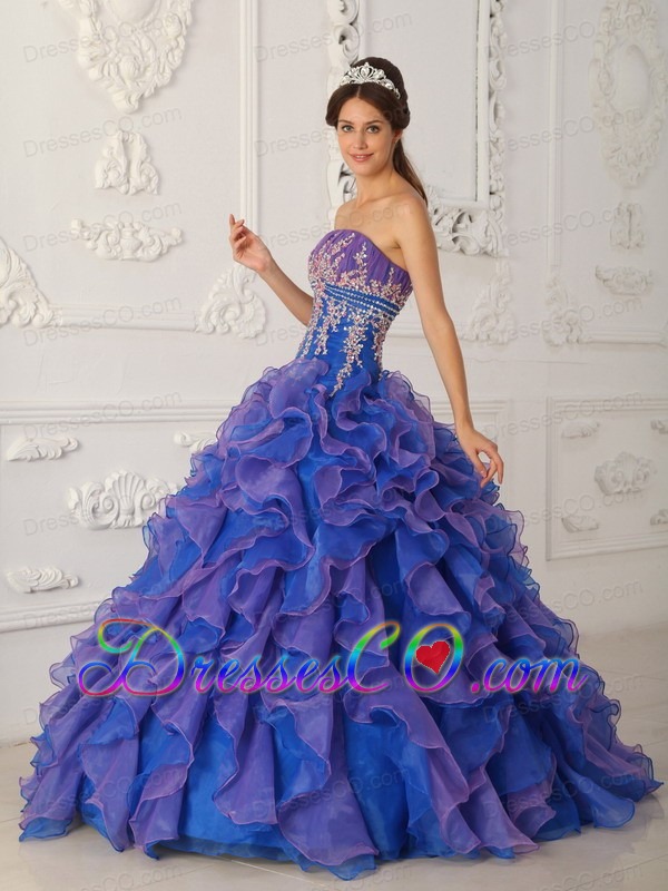 Blue Ball Gown Strapless Long Organza Beading And Appliques Quinceanera Dress