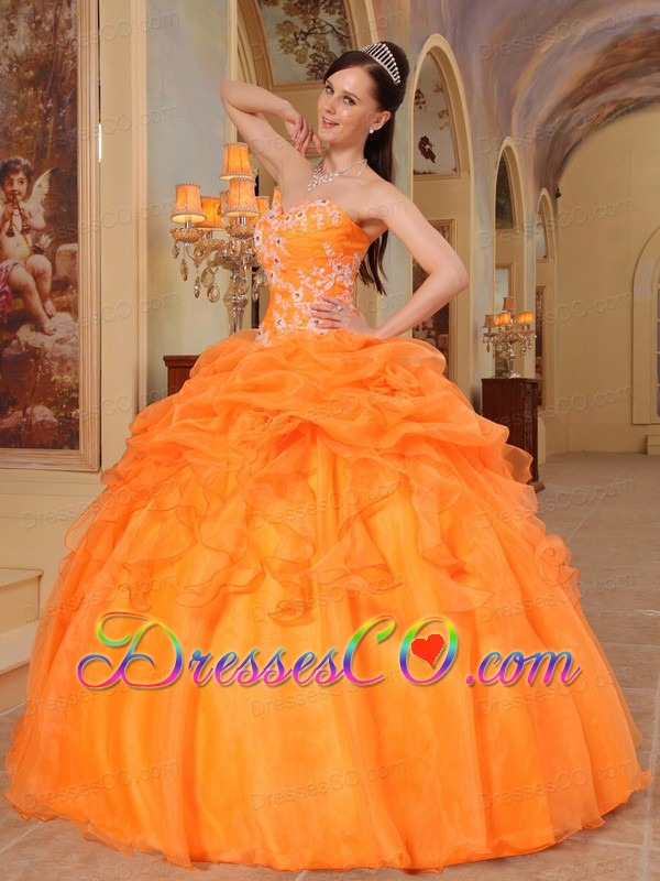 Orange Red Ball Gown Long Taffeta And Organza Appliques Quinceanera Dress