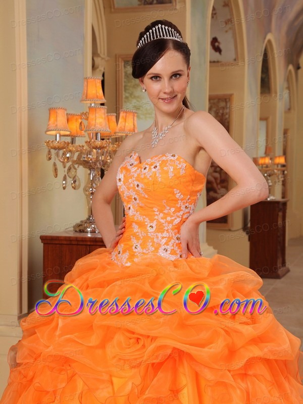 Orange Red Ball Gown Long Taffeta And Organza Appliques Quinceanera Dress