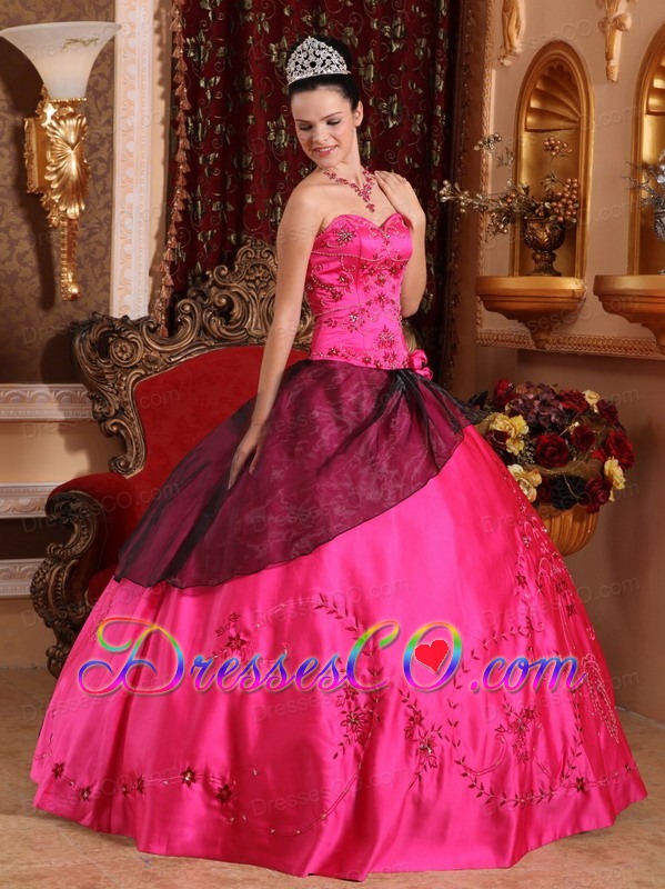 Hot Pink Ball Gown Long Satin Embroidery With Beading Quinceanera Dress