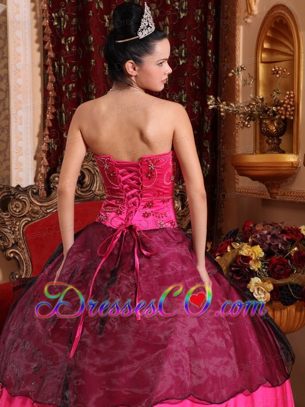 Hot Pink Ball Gown Long Satin Embroidery With Beading Quinceanera Dress
