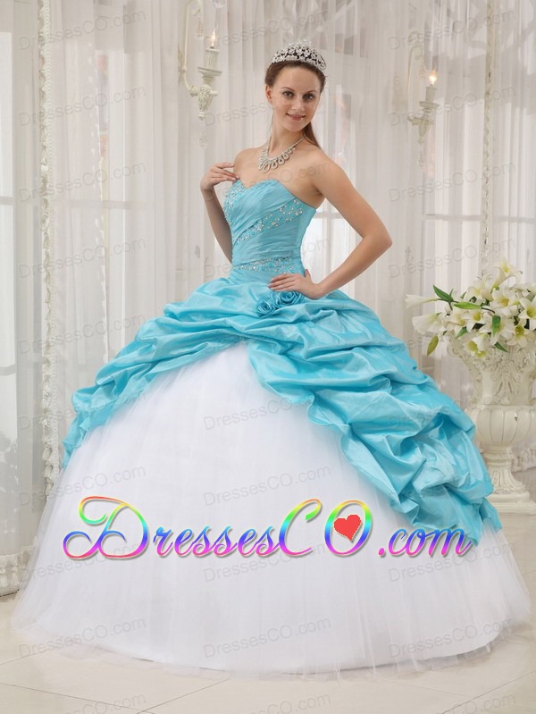Aqua Blue Ball Gown Long Taffeta And Tulle Beading Quinceanera Dress