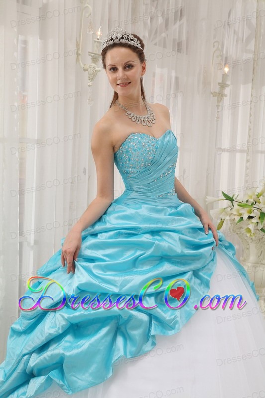 Aqua Blue Ball Gown Long Taffeta And Tulle Beading Quinceanera Dress