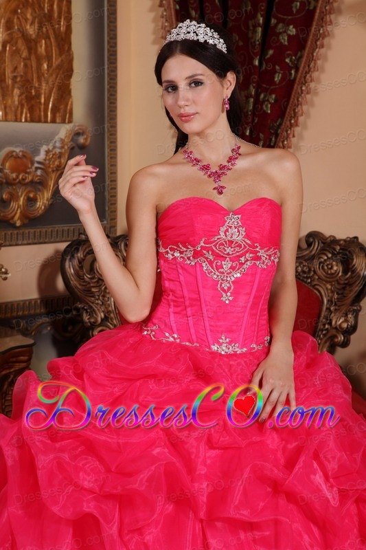 Hot Pink Ball Gown Long Organza Beading Quinceanera Dress