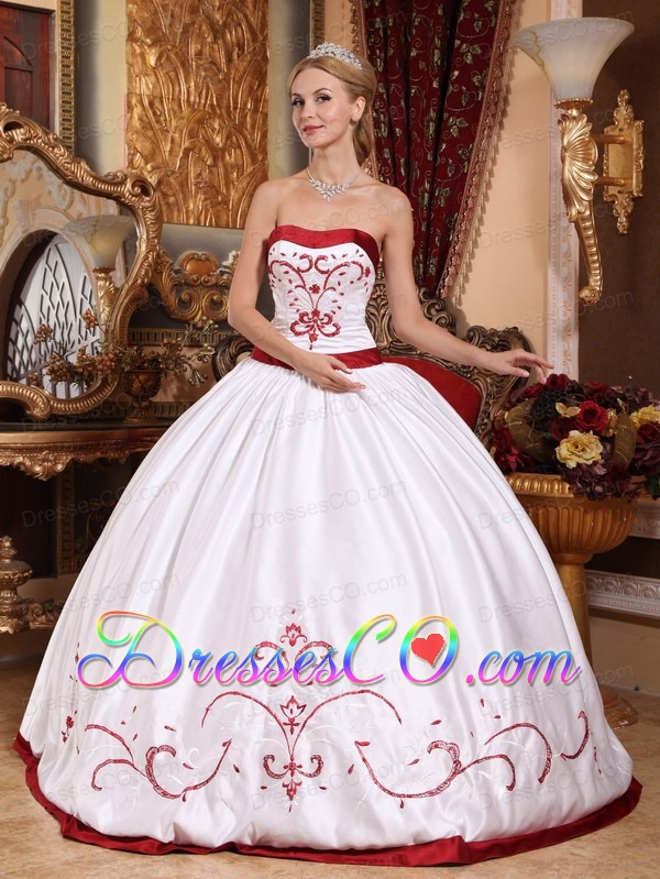White Ball Gown Strapless Long Satin Embroidery Quinceanera Dress