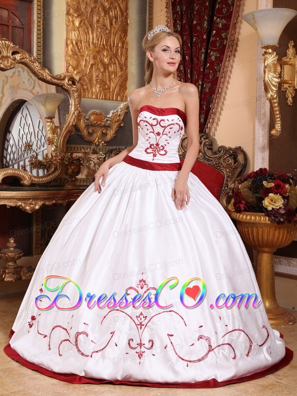 White Ball Gown Strapless Long Satin Embroidery Quinceanera Dress