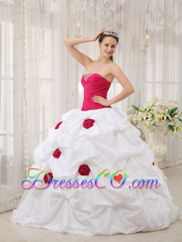 Hot Pink And White Ball Gown Strapless Long Taffeta Hand Made Flower Quinceanera Dress