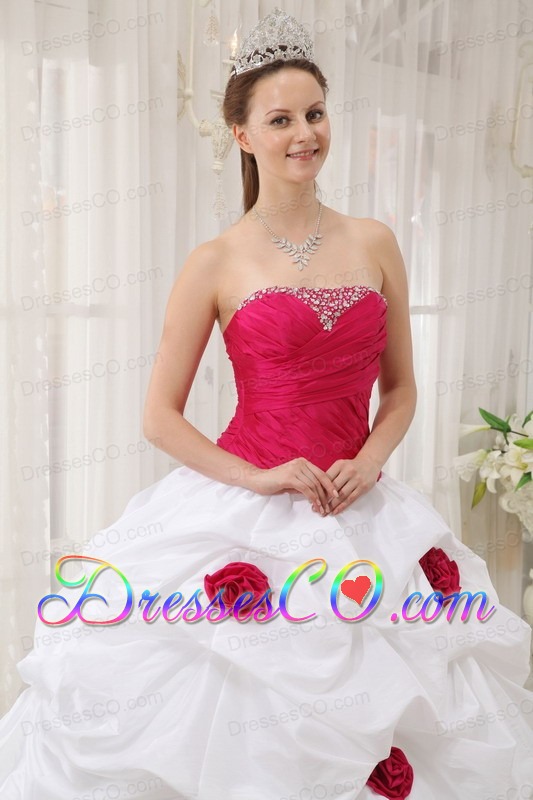 Hot Pink And White Ball Gown Strapless Long Taffeta Hand Made Flower Quinceanera Dress