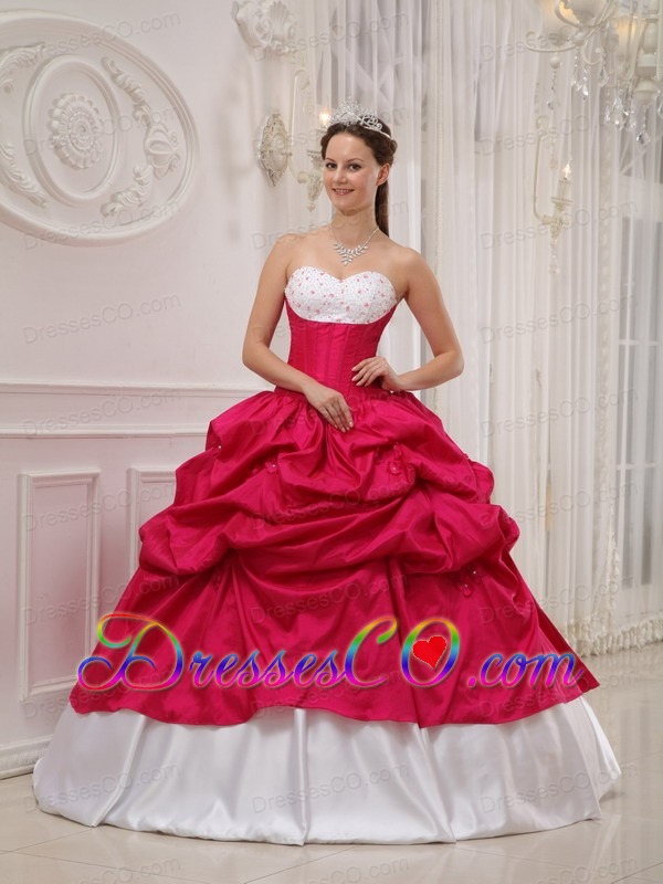 Hot Pink And White Ball Gown Long Taffeta Beading And Pick-ups Quinceanera Dress