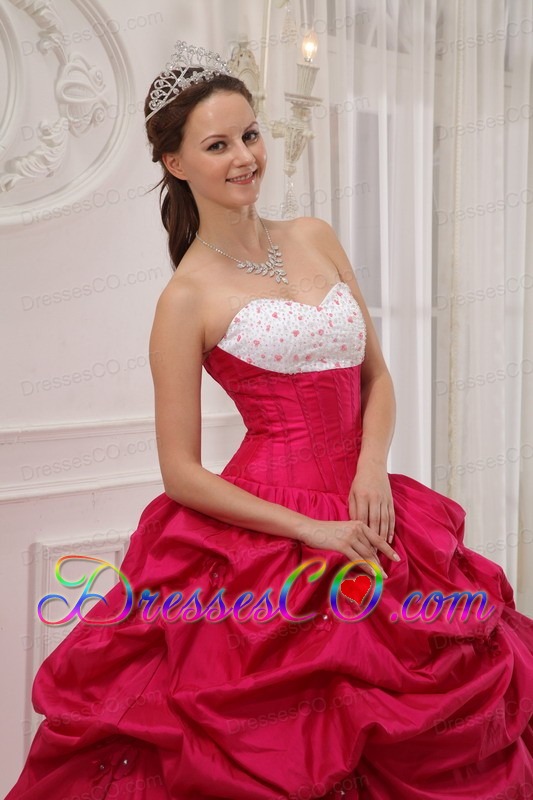 Hot Pink And White Ball Gown Long Taffeta Beading And Pick-ups Quinceanera Dress