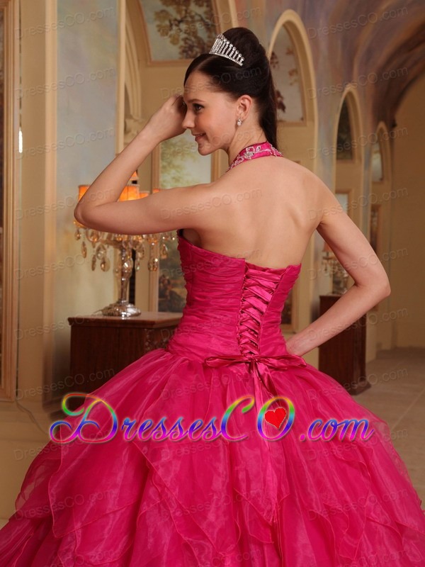 Red Ball Gown Halter Long Organza Embroidery Quinceanera Dress
