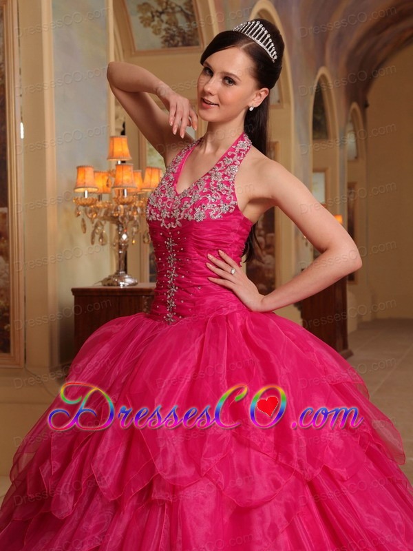 Red Ball Gown Halter Long Organza Embroidery Quinceanera Dress
