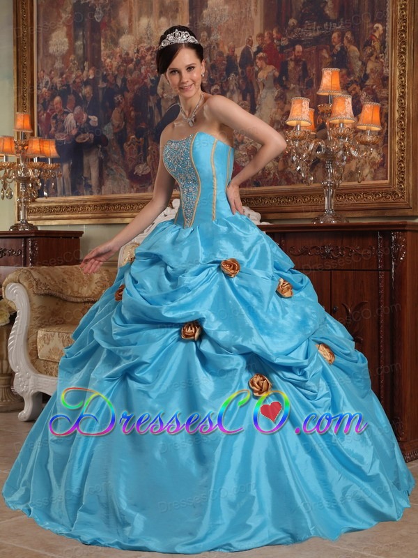 Teal Ball Gown Strapless Long Taffeta Beading And 3d Flower Quinceanera Dress