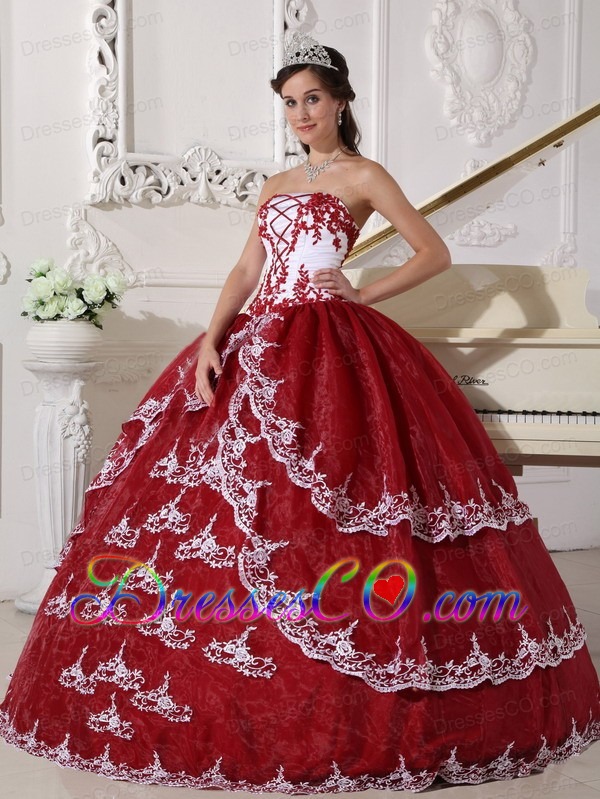 Wine Red And White Ball Gown Strapless Long Organza Appliques Quinceanera Dress