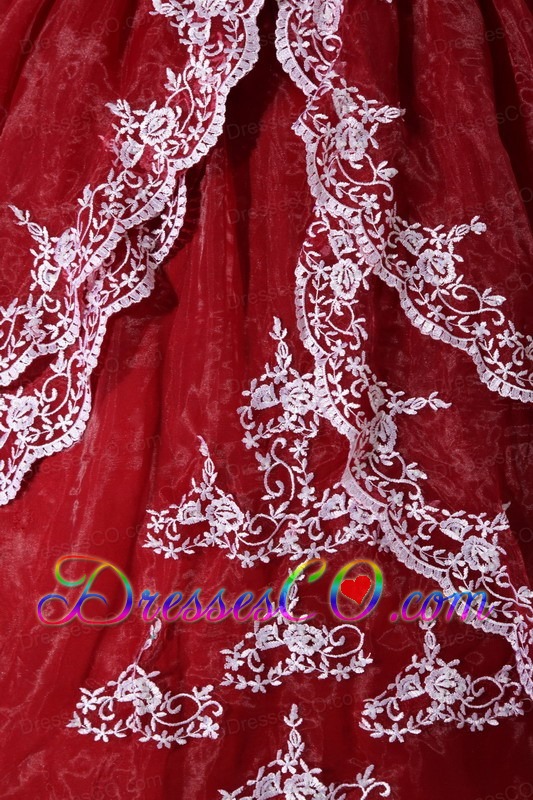 Wine Red And White Ball Gown Strapless Long Organza Appliques Quinceanera Dress