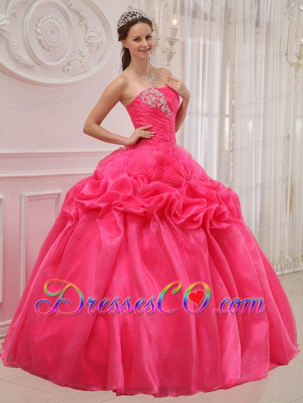 Hot Pink Ball Gown Strapless Long Organza And Taffeta Ruching And Beading Quinceanera Dress