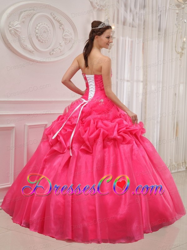 Hot Pink Ball Gown Strapless Long Organza And Taffeta Ruching And Beading Quinceanera Dress