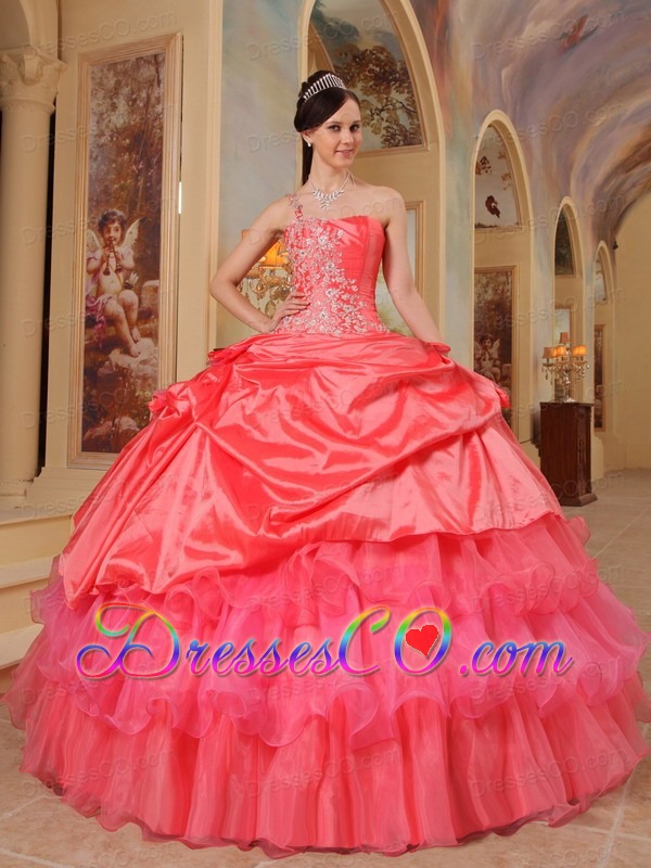 Coral Red Ball Gown One Shoulder Long Taffeta Quinceanera Dress