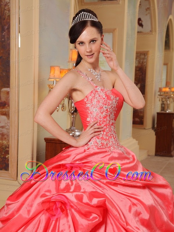 Coral Red Ball Gown One Shoulder Long Taffeta Quinceanera Dress