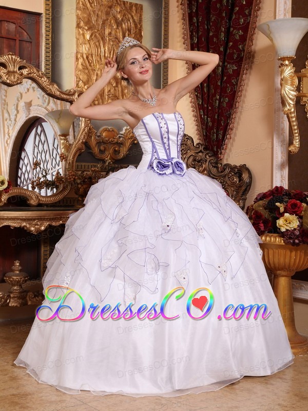 White Ball Gown Strapless Long Organza Beading Quinceanera Dress