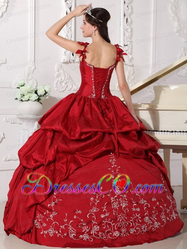 Wine Red Ball Gown Straps Long Taffeta Embroidery Quinceanera Dress