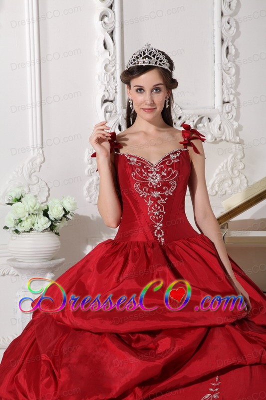 Wine Red Ball Gown Straps Long Taffeta Embroidery Quinceanera Dress
