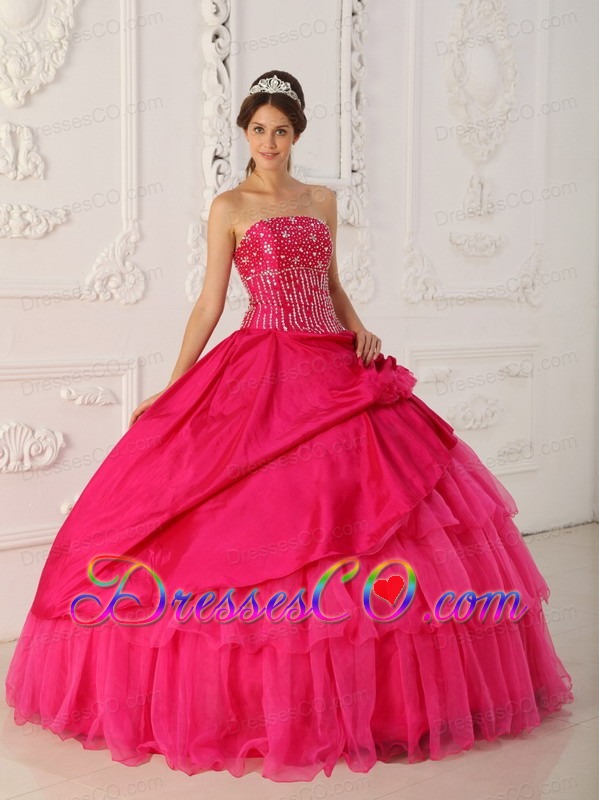Hot Pink Ball Gown Strapless Long Organza And Taffeta Beading Quinceanera Dress