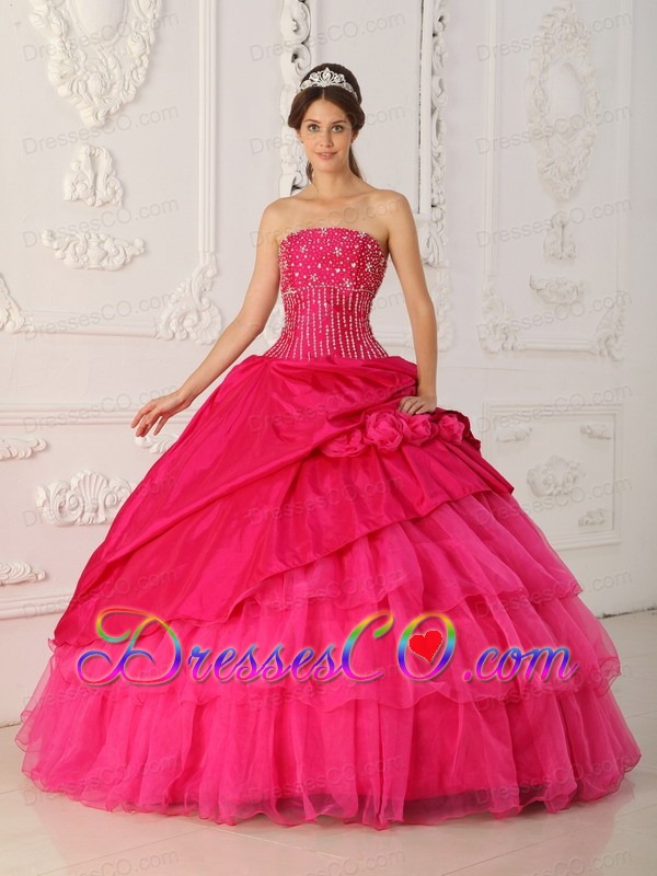Hot Pink Ball Gown Strapless Long Organza And Taffeta Beading Quinceanera Dress