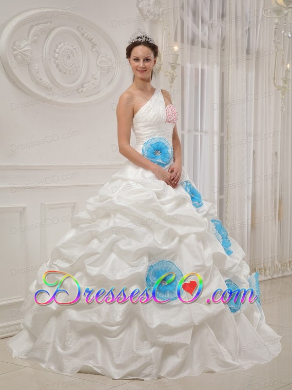 White Ball Gown One Shoulder Long Taffeta Beading And Hand Flowers Quinceanera Dress