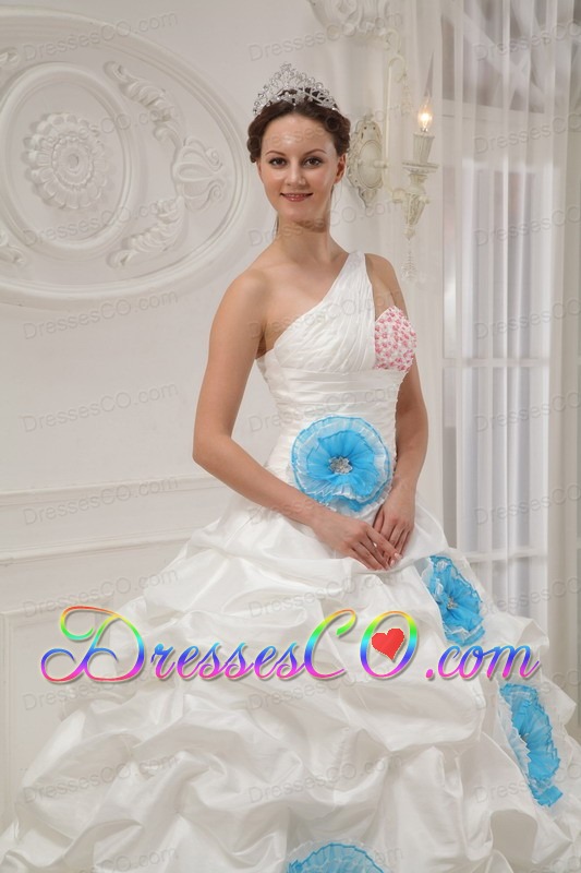 White Ball Gown One Shoulder Long Taffeta Beading And Hand Flowers Quinceanera Dress