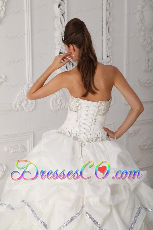 White Ball Gown Long Organza And Taffeta Beading Quinceanera Dress