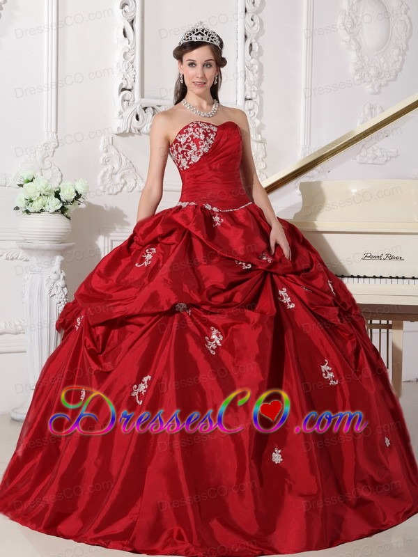 Wine Red Ball Gown Long Taffeta Beading Quinceanera Dress