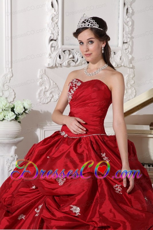Wine Red Ball Gown Long Taffeta Beading Quinceanera Dress