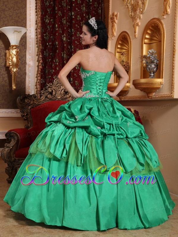 Spring Green Ball Gown Strapless Long Taffeta Appliques Quinceanera Dress
