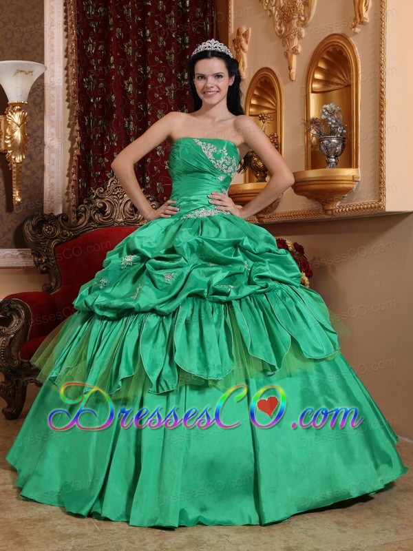 Spring Green Ball Gown Strapless Long Taffeta Appliques Quinceanera Dress