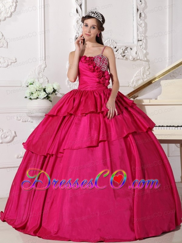 Hot Pink Ball Gown Straps Long Taffeta Beading Quinceanera Dress