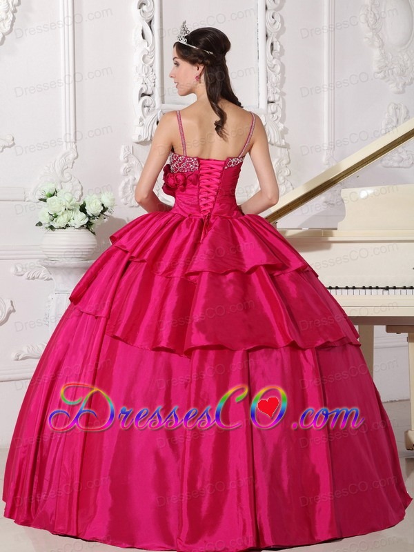 Hot Pink Ball Gown Straps Long Taffeta Beading Quinceanera Dress