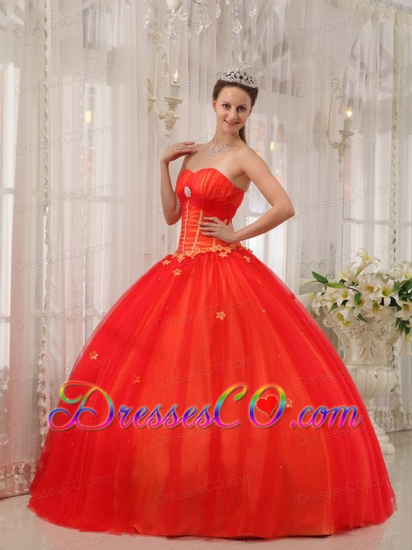 Red Ball Gown Long Taffeta And Tulle Appliques Quinceanera Dress