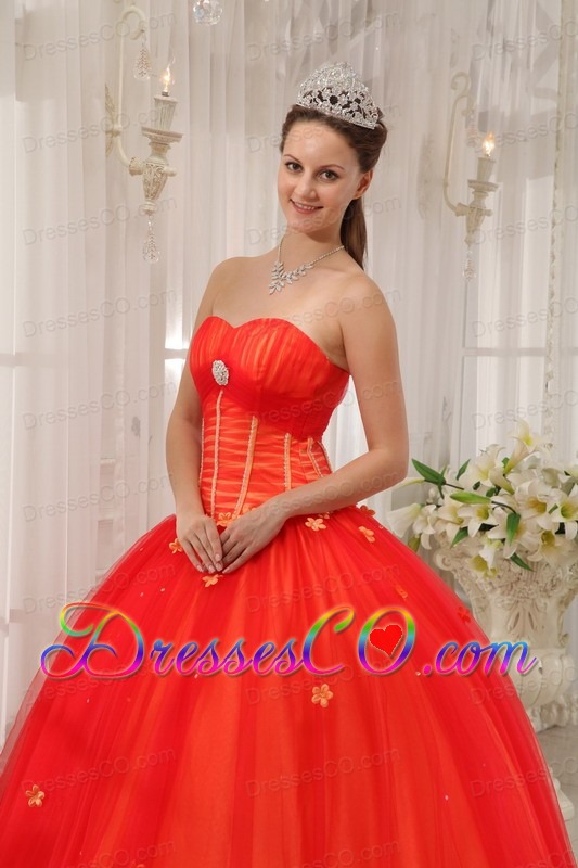 Red Ball Gown Long Taffeta And Tulle Appliques Quinceanera Dress