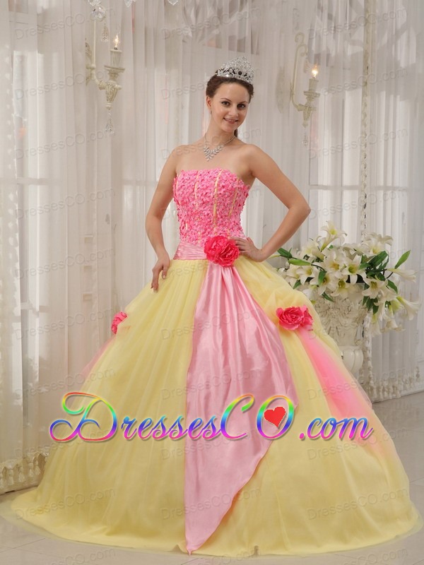 Pink And Yellow Ball Gown Strapless Long Taffeta And Tulle Hand Made Flowers Quinceanera Dress